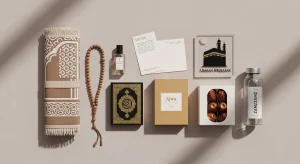Elegant Umrah gift ideas including prayer mat, tasbih beads, attar perfume, dates and Zamzam water bottle flat lay